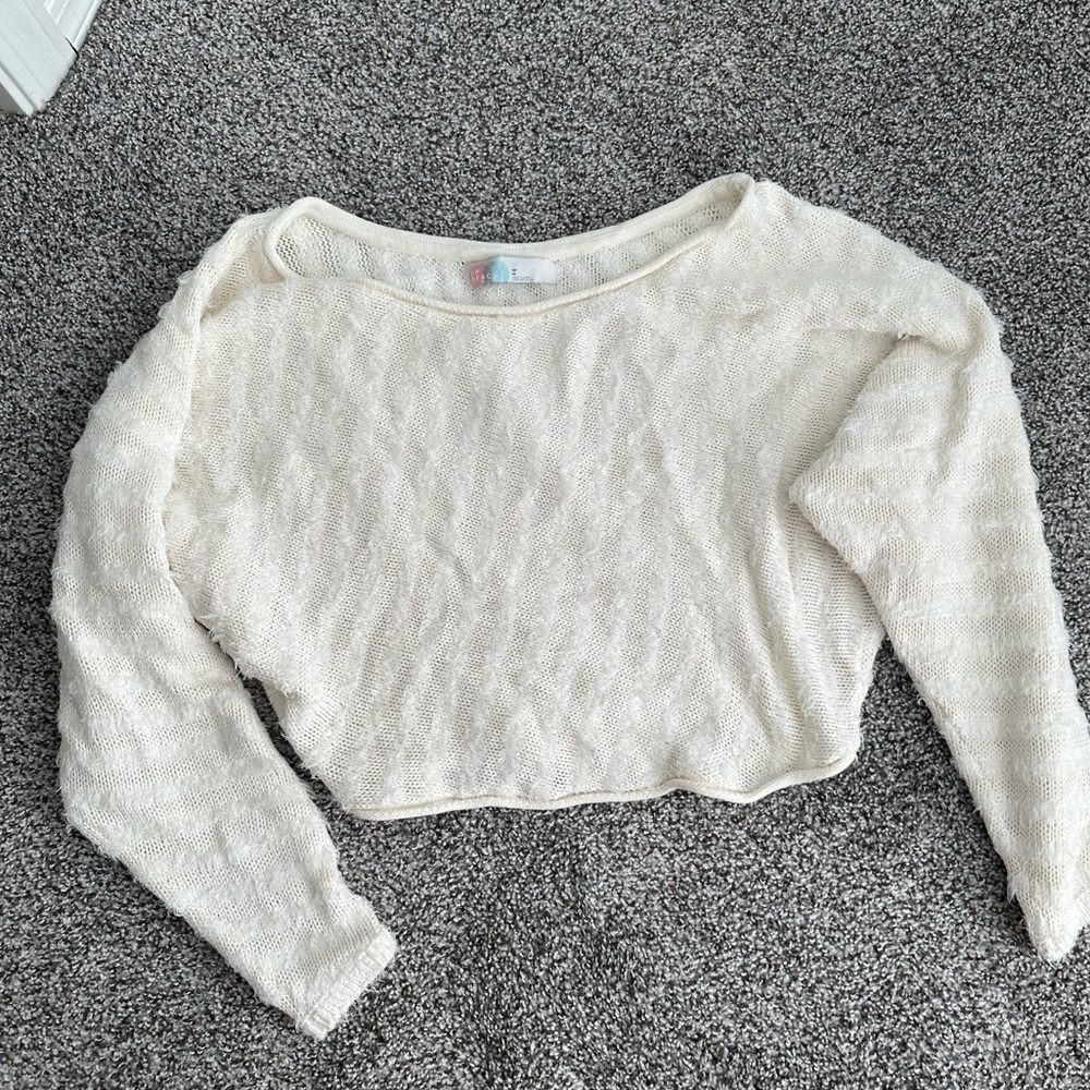 Free People Cream Lightweight Cropped Knit Sweater